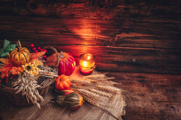 istock Autumn Decoration Background with Candles, Pumpkins, Leafs and Nuts 841254464