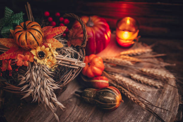 istock Autumn Decoration Background with Candles, Pumpkins, Leafs and Nuts 841254472