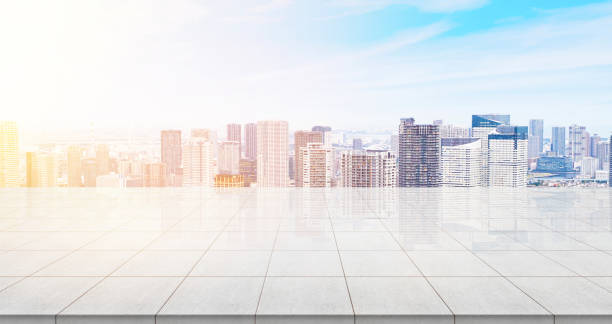 istock Empty concrete floor top with panoramic modern cityscape building bird eye aerial view under sunrise and morning blue bright sky of Tokyo skytree 841261770