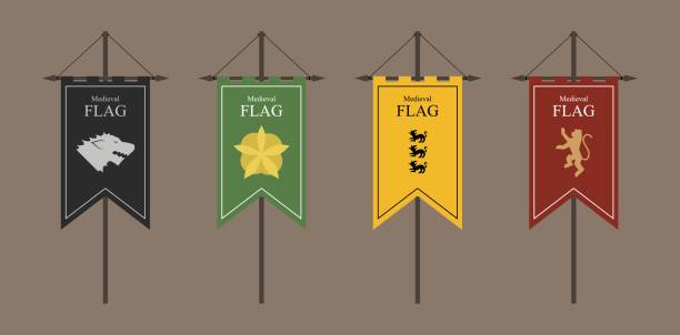 the flags of a country, state, or territory ruled by a king or queen. medieval vintage style flat design vector illustration. middle age kingdom. black green yellow red. the flags of a country, state, or territory ruled by a king or queen. medieval vintage style flat design vector illustration. middle age kingdom. black green yellow red. ruled stock illustrations