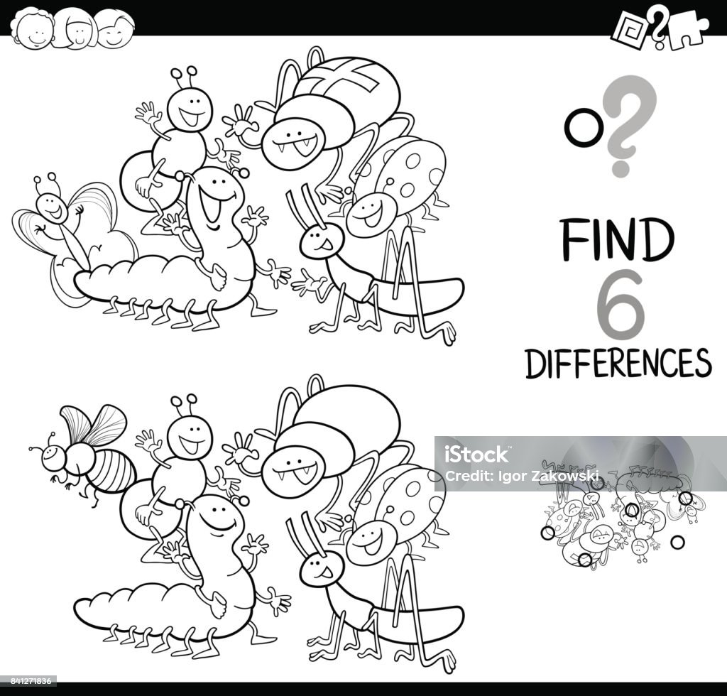 spot the difference with insects coloring book Black and White Cartoon Illustration of Spot the Differences Educational Activity Game for Children with Insects Animal Characters Group Coloring Book Animal stock vector