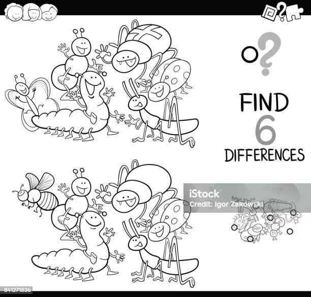 Spot The Difference With Insects Coloring Book Stock Illustration - Download Image Now - Animal, Ant, Black And White