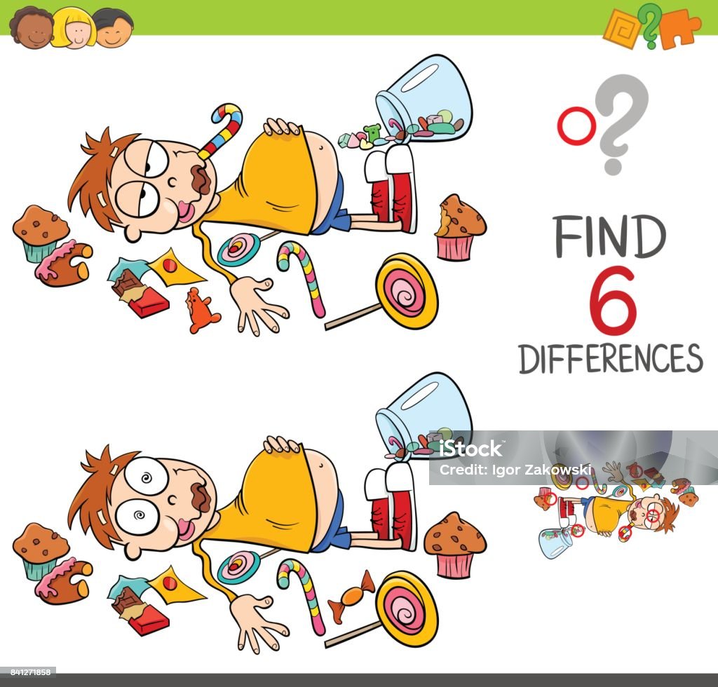 spot the differences with boy and sweets Cartoon Illustration of Spot the Differences Educational Activity Game for Children with Kid in a Candy Store Candy Store stock vector