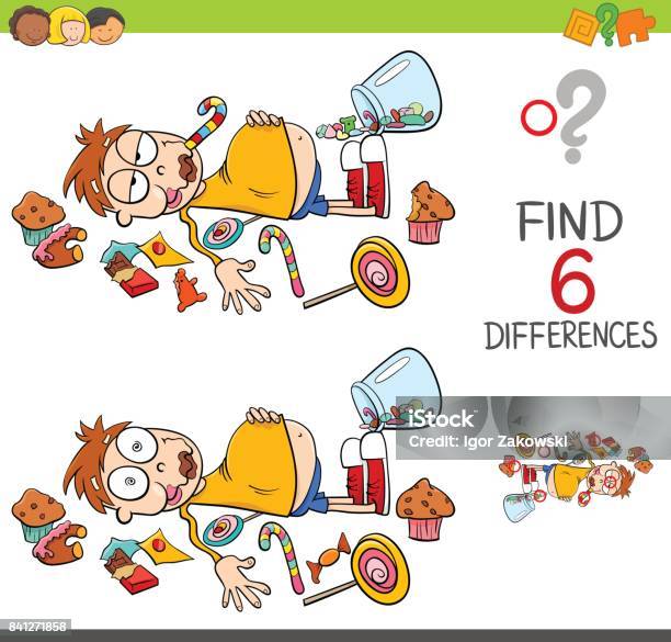 Spot The Differences With Boy And Sweets Stock Illustration - Download Image Now - Candy Store, Gummi Bears, Art Product