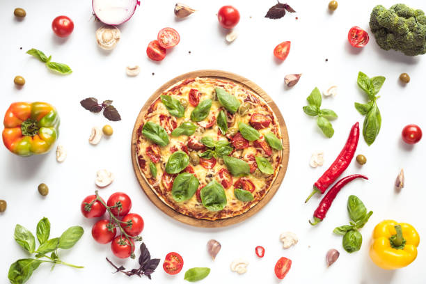 italian pizza and ingredients - arugula freshness food herb imagens e fotografias de stock