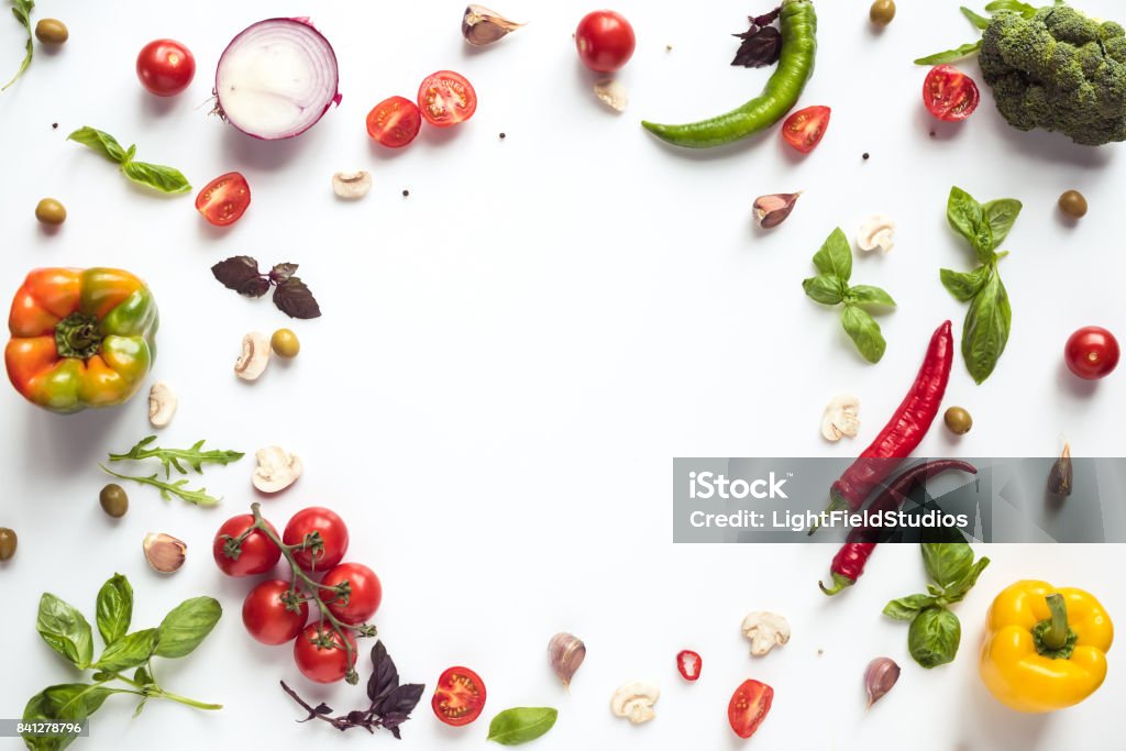 fresh vegetables and herbs top view of various fresh vegetables and herbs isolated on white White Background Stock Photo