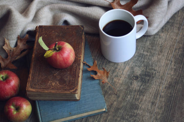 autumn still life with apples, warm blanket, books, white coffee cup and leaves over rustic wood background - macintosh apple imagens e fotografias de stock