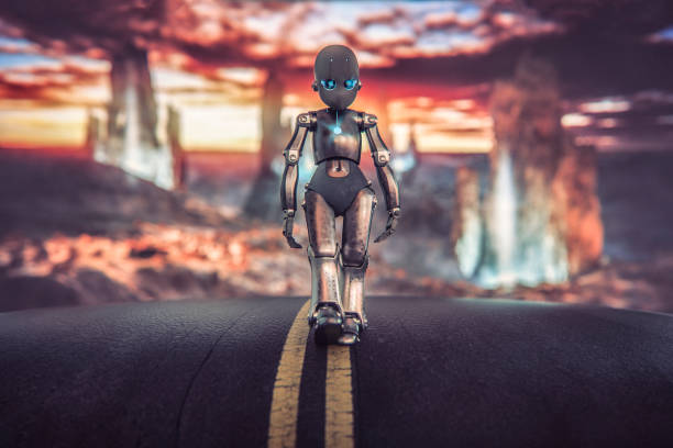 istock Sad little robot leaving alien city 841288808