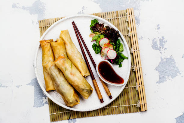 frittierte frühlingsrollen mit gemüse, ente, fleisch und nudeln - rolled up rice food vietnamese cuisine stock-fotos und bilder