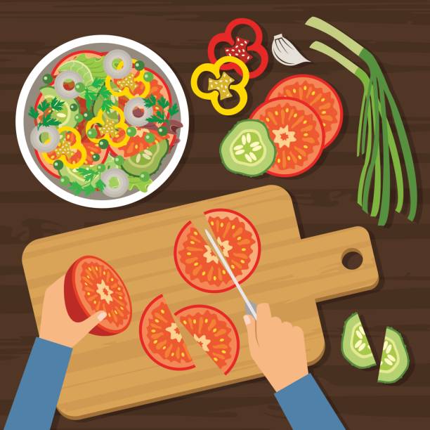 ilustrações de stock, clip art, desenhos animados e ícones de top view cooking - vegetables table