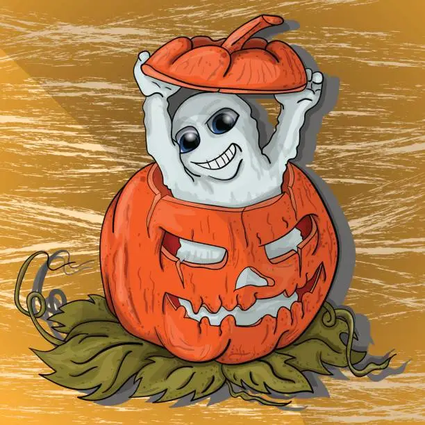 Vector illustration of little ghost climbs out of pumpkin into halloween