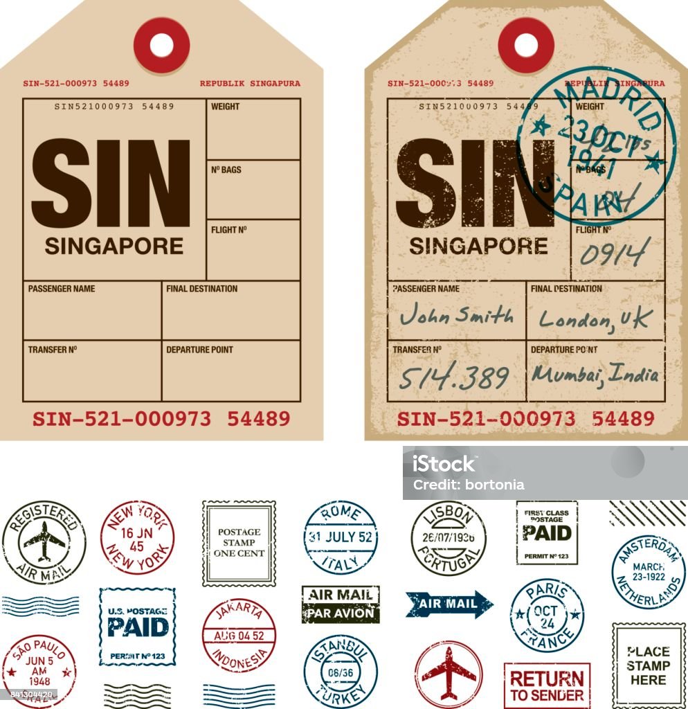 Luggage Tags Rubber Stamp Icon Set A set of do-it-yourself rubber stamps for vintage luggage tags. Included is a 'clean' tag as well as an aged and grungy design. File contains transparencies but no gradients, so will still print correctly. Label stock vector