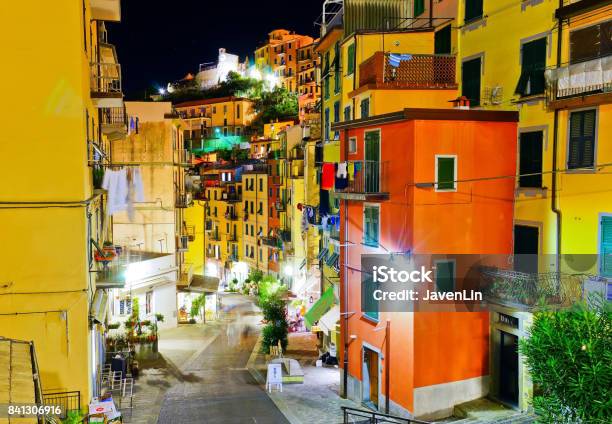 View Of The Colorful Houses At Night In Riomaggiore Stock Photo - Download Image Now