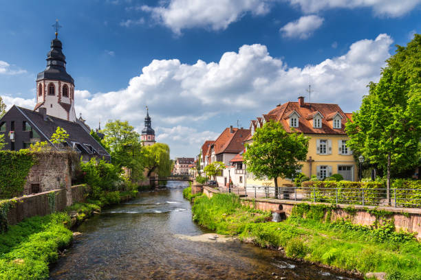 paysage urbain par la rivière aube en ettlingen, forêt-noire, bade-wurtemberg, allemagne, europe - alb photos et images de collection