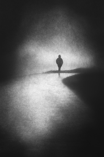 lonely person walking with grungy textures