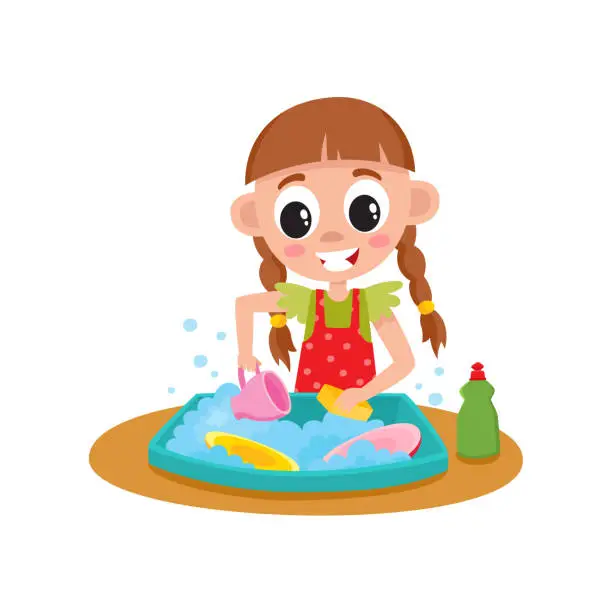 Vector illustration of Little girl washing dishes in sink, daily routine