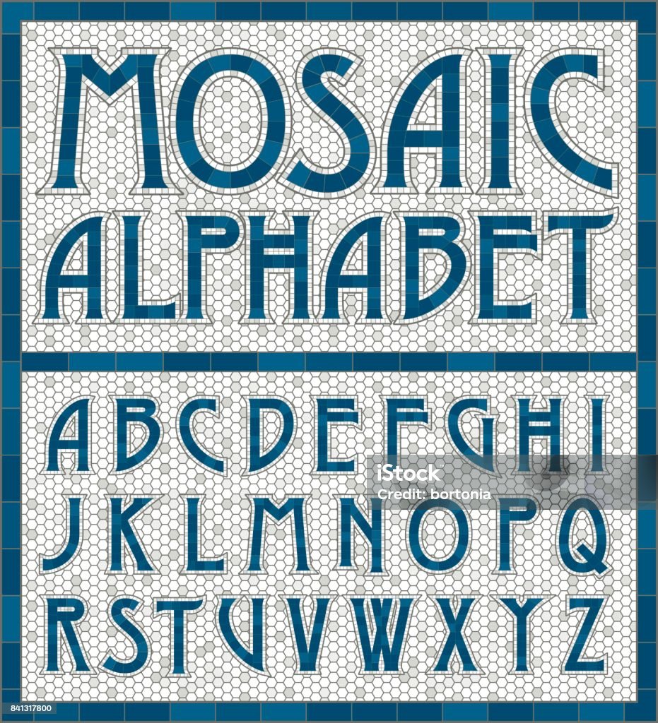 Old Fashioned Mosaic Tile Alphabet Letters An old art-deco inspired typeface done in an aged mosaic tile style. Colors are global swatches so they're easy to change. Typescript stock vector