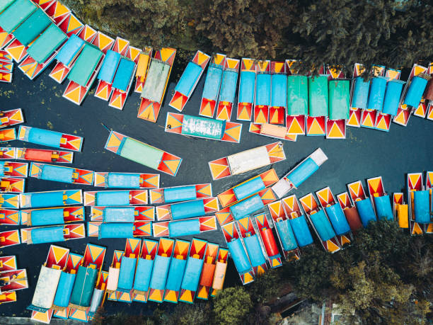 'Trajinera' boats in the Xochimilco's canals, Mexico City. 'Trajinera' boats in the Xochimilco's canals, Mexico City. mexico city stock pictures, royalty-free photos & images