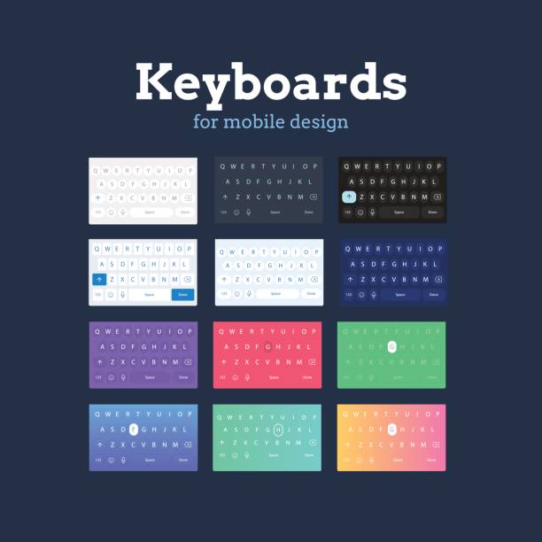 QWERTY mobile keyboards in different colors and styles QWERTY mobile keyboards in different colors and styles. Mobile UI elements for prototyping and designing applications. phone cover isolated stock illustrations