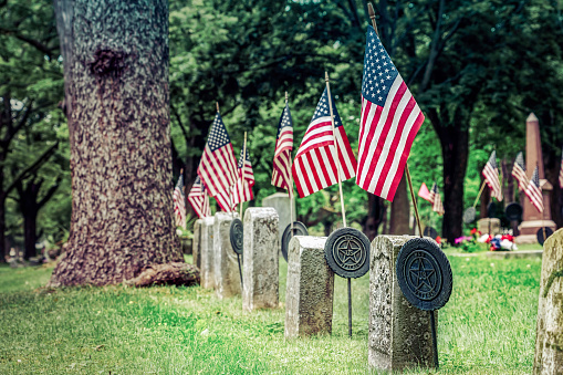 Flags on Union graves of Civil War veterans at a Wisconsin cemetery.