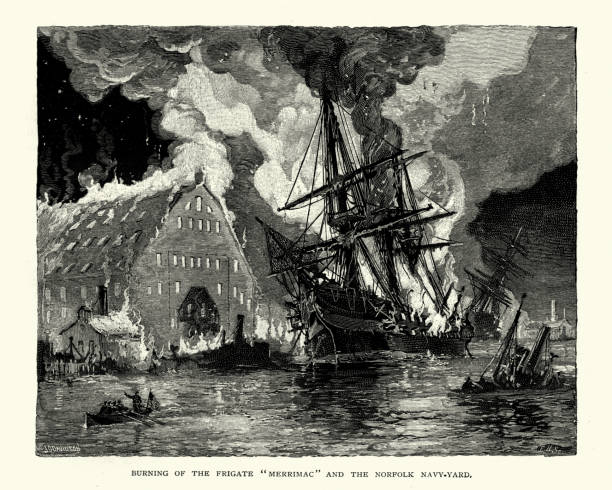 Vintage engraving of USS Merrimack aflame during the burning of the Norfolk Navy Yard, during the American Civil War