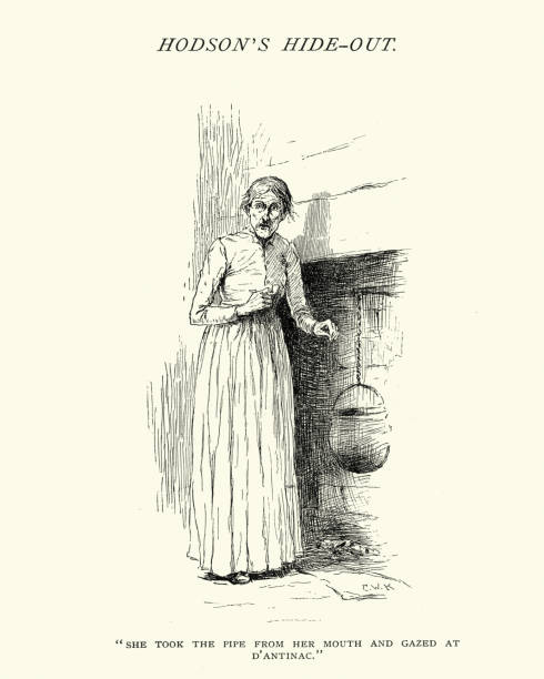 Old woman cooking over a open fire, 19th Century Vintage engraving of a Old woman cooking over a open fire, 19th Century middle aged woman cooking stock illustrations