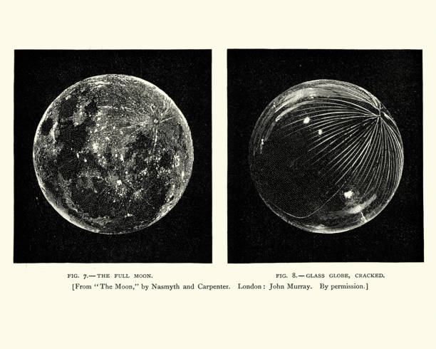 Victorian engraving of the Moon, with crater Vintage engraving of the Moon, with crater, 19th Century moon surface illustrations stock illustrations