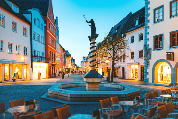 Night Life in Old Town Fussen, Bavaria, Germany Town hall in the old town of Füssen at Dusk time, Ostallgau, Allgau, Bavaria, Deutschland, Europe fussen stock pictures, royalty-free photos & images