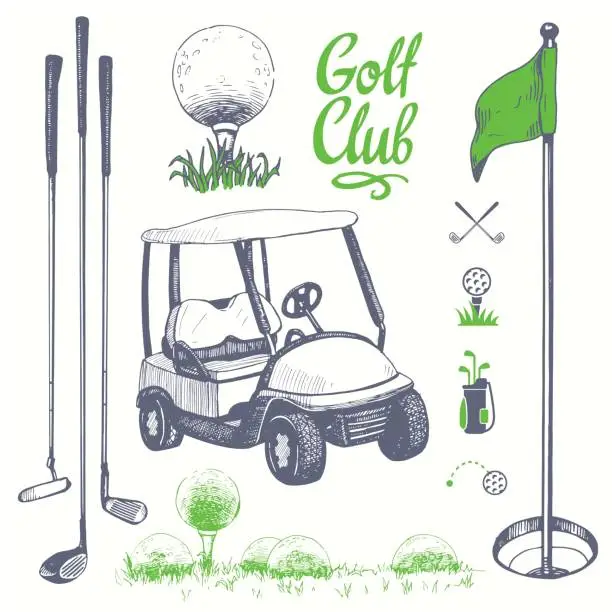 Vector illustration of Golf set with basket, shoes, car, putter, ball, gloves, flag, bag. Vector set of hand-drawn sports equipment. Illustration in sketch style on white background. Handwritten ink lettering
