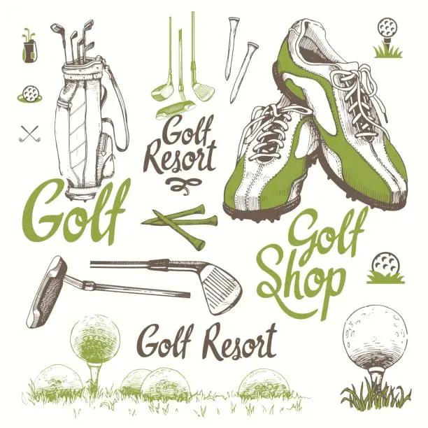 Vector illustration of Golf set with basket, shoes, putter, ball, gloves, bag. Vector set of hand-drawn sports equipment. Illustration in sketch style on white background. Handwritten ink lettering