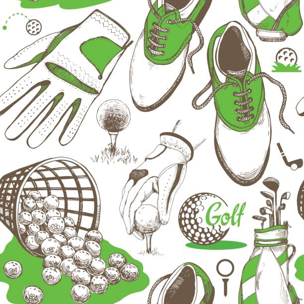 Seamless golf pattern with basket, shoes, car, putter, ball, gloves, bag. Vector set of hand-drawn sports equipment. Illustration in sketch style on white background Seamless golf pattern with basket, shoes, car, putter, ball, gloves, bag. Vector set of hand-drawn sports equipment. Illustration in sketch style on white background. golf glove stock illustrations