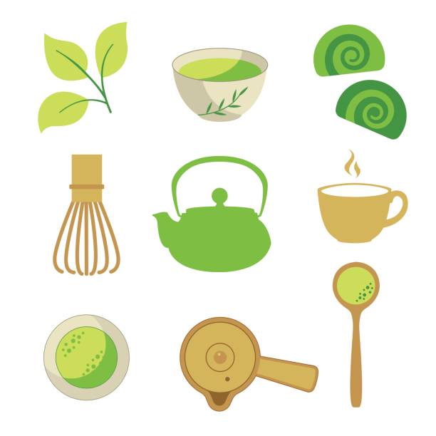 ilustrações de stock, clip art, desenhos animados e ícones de japanese ethnic and national tea ceremony. matcha icons set. traditions of teatime. decorative elements for your design. vector illustration with party symbols on white background - green tea tea tea cup cup