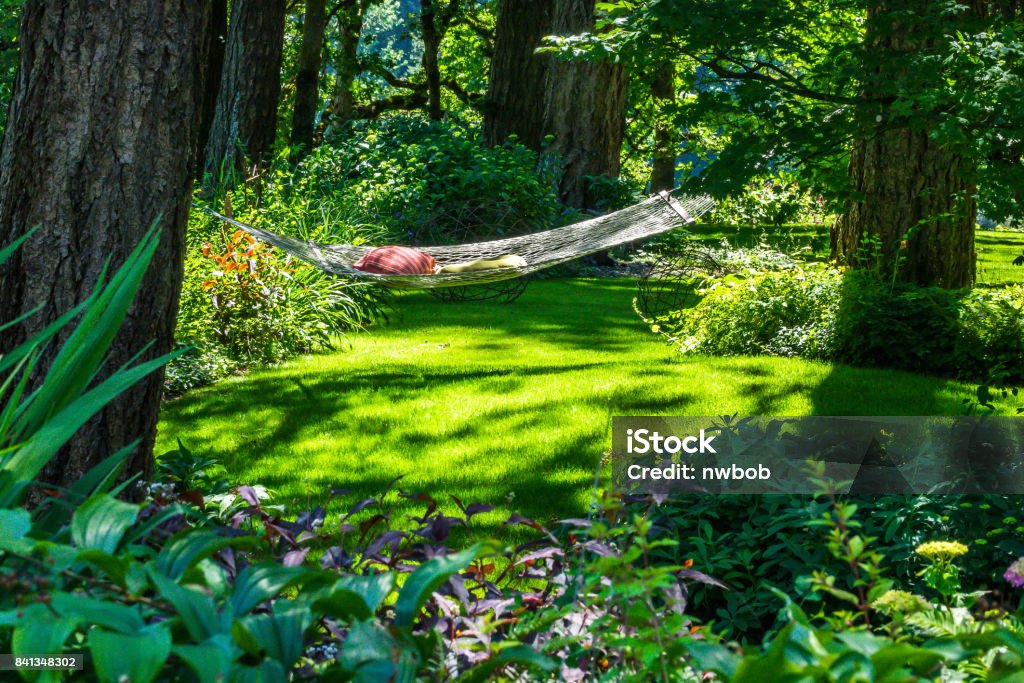 Hammock in Woods A hammock in a sunlit setting in the garden Yard - Grounds Stock Photo
