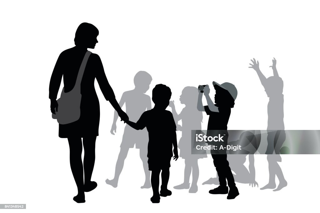 Mom And Kids A vector silhouette illustration of a mother holding the hand of her young son as he attends his first day of school.  Another young boy photographs them. Holding Hands stock vector