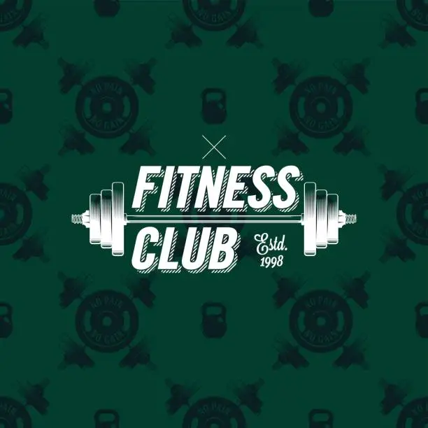 Vector illustration of Fitness club icon on seamless pattern with dumbbells, vector illustration