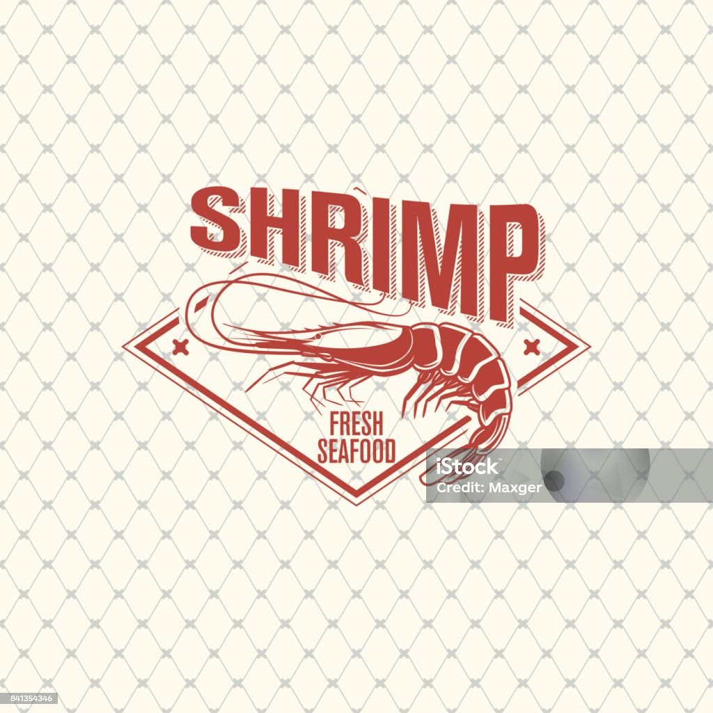 Shrimp icon on seamless pattern with fishing net, vector illustration Shrimp - Seafood stock vector