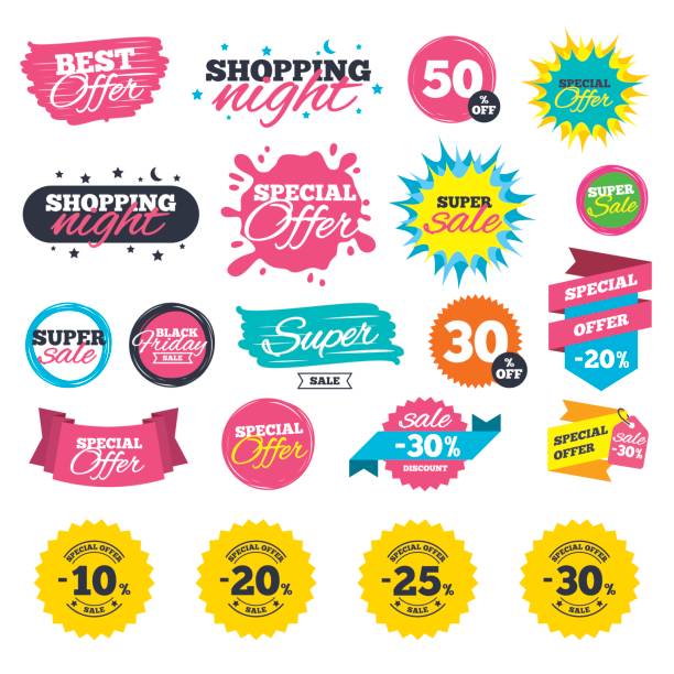 ilustrações, clipart, desenhos animados e ícones de venda de desconto ícones. oferta especial de preço as placas. - number 10 percentage sign promotion sale