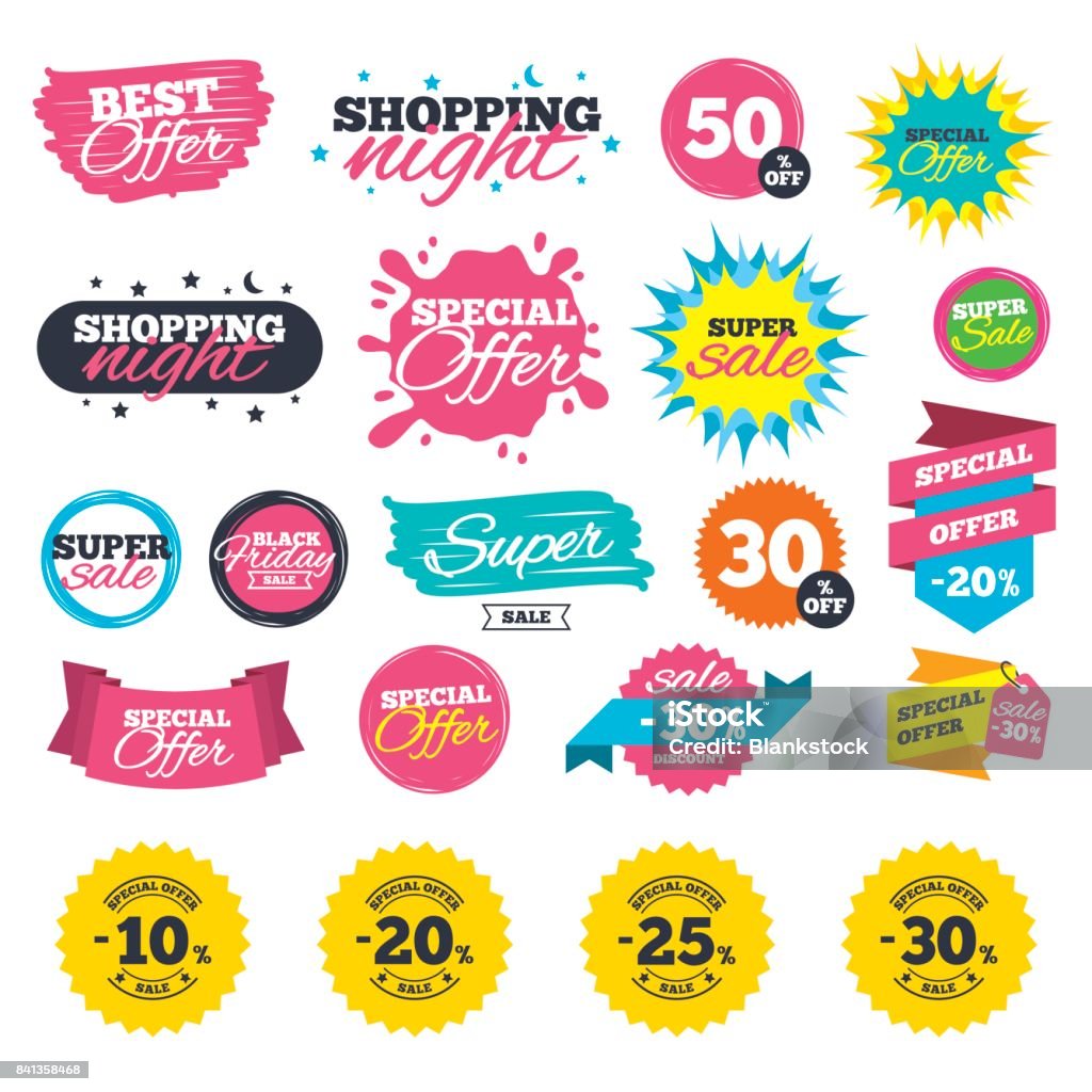 Sale discount icons. Special offer price signs. Sale shopping banners. Sale discount icons. Special offer stamp price signs. 10, 20, 25 and 30 percent off reduction symbols. Web badges, splash and stickers. Best offer. Vector Splashing stock vector