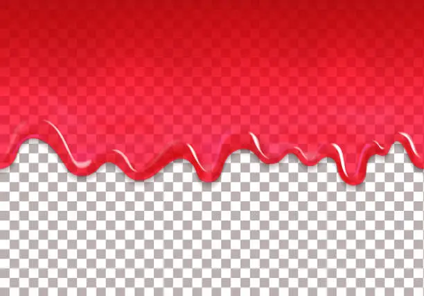 Vector illustration of Red jam drips seamless border. Strawberry or raspberry syrup transparent pattern