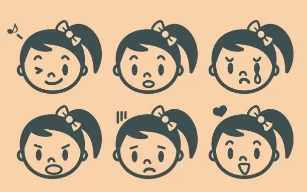 Vector illustration of Retro style cute girl with pigtails and hair bow emoticons, face outline