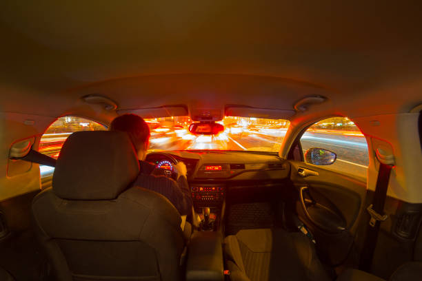 istock Night city road view from inside car 841380018