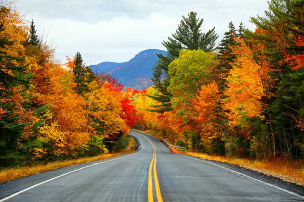 Autumn road in the White Mountains of New Hampshire in autumn.