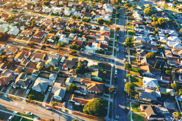 Aerial view of of a residential neighborhood in LA Aerial view of of a residential neighborhood in Hawthorne, in Los Angeles, CA los angeles aerial stock pictures, royalty-free photos & images