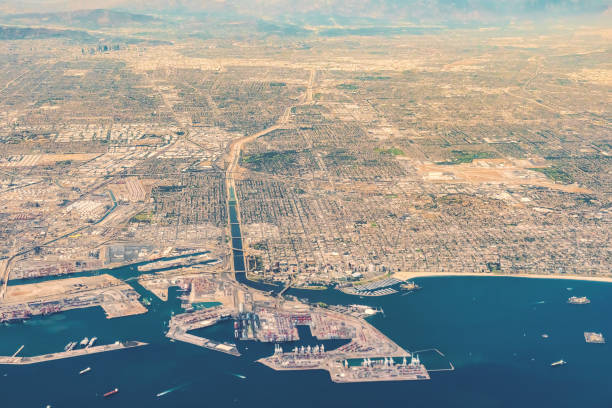 Aerial view of San Pedro, Terminal Island and Long Beach, CA Aerial view of San Pedro, Terminal Island and Long Beach, California rancho palos verdes stock pictures, royalty-free photos & images