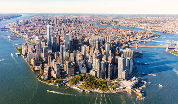 Aerial view of lower Manhattan NYC Aerial view of lower Manhattan New York City helicopter photos stock pictures, royalty-free photos & images