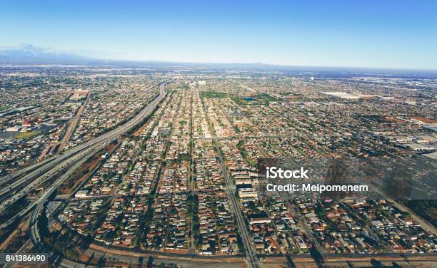 Aerial View Of Traffic On A Highway In La Stock Photo - Download Image Now - Above, Aerial View, Architecture