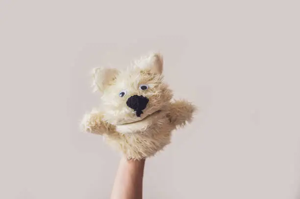 Photo of Puppet show dog on a gray background. Space for text or replicas