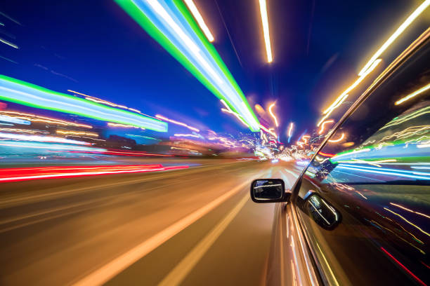 istock View from Side of Car moving in a night city 841404508