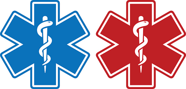 Vector illustration of a medical star symbol in two color variations: blue and red. Illustration uses no gradients, meshes or blends, only solid color. AI10-compatible .eps format included, along with a high-res .jpg.