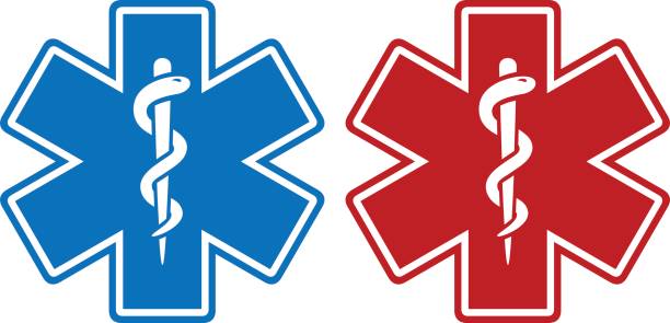 Medical Star Vector illustration of a medical star symbol in two color variations: blue and red. Illustration uses no gradients, meshes or blends, only solid color. AI10-compatible .eps format included, along with a high-res .jpg. medical symbols stock illustrations